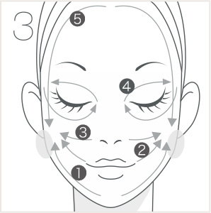 スパチュラの先端(斜めの面を肌に当てる)を使い、顔の中央から耳の前(耳下腺リンパ節)まで、 なでるようにマスクを顔全体にムラなくのばします。