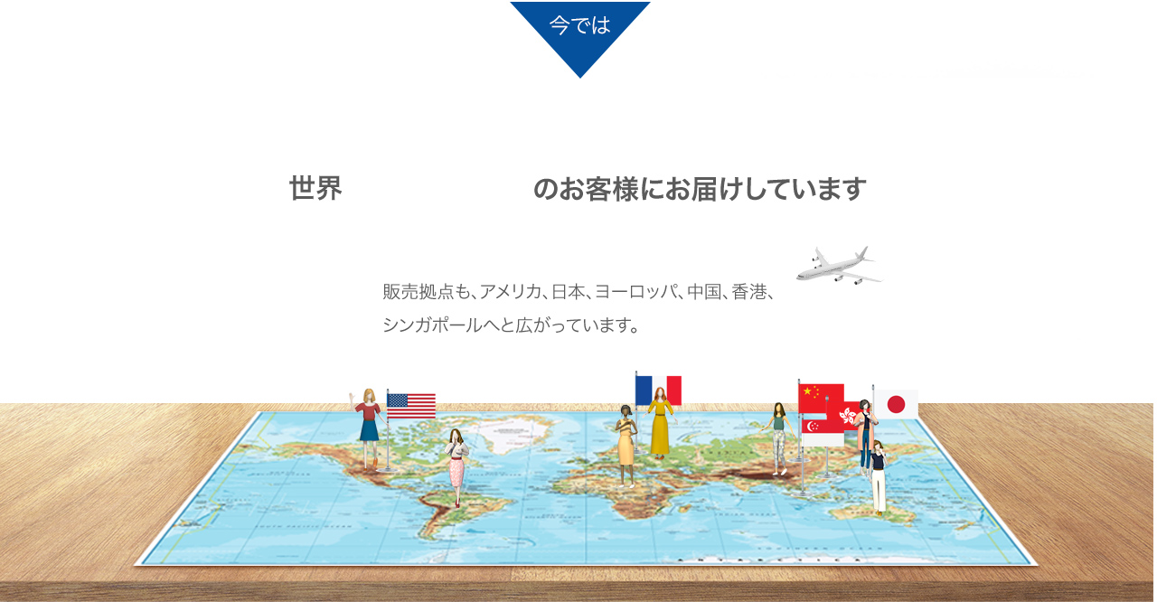 世界33カ国のお客様にお届けしています。販売拠点も、アメリカ、東京、ヨーロッパ、中国、香港、シンガポールへと広がっています。