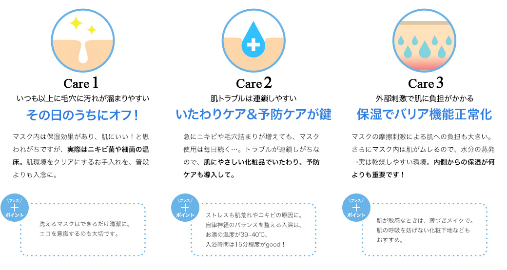 いつも以上に毛穴に汚れが溜まりやすい→その日のうちにオフ！ 肌トラブルは連鎖しやすい→早めのケア＆予防が鍵! ●	外部刺激で肌に負担がかかる→保湿でバリア機能を正常化