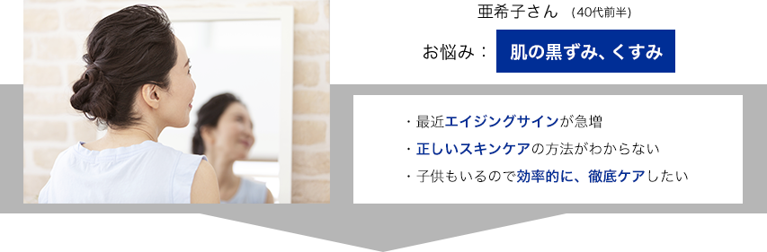 亜希子さん お悩み:肌の黒ずみ、くすみ