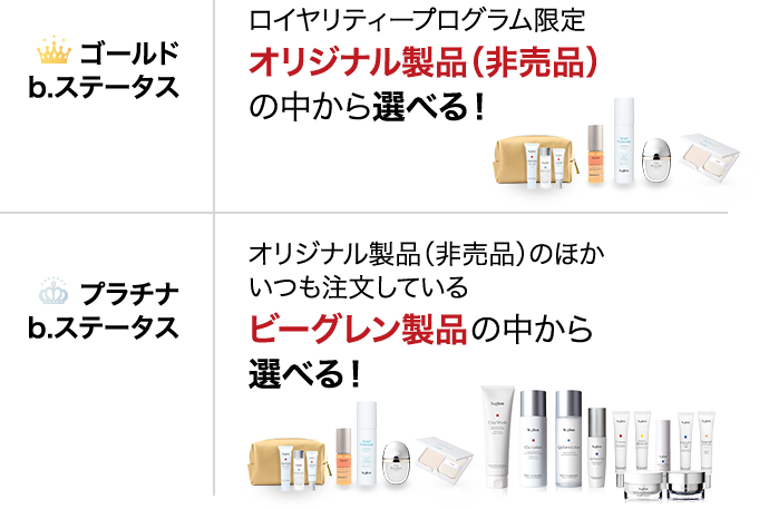 ゴールドb.ステータス/ロイヤリティープログラム限定でもらえるオリジナル製品(非売品)プレゼント! プラチナb.ステータス/オリジナル製品(非売品)のほかいつも注文しているビーグレン製品までプレゼント!