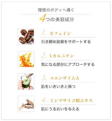 4つの美容成分 (カフェイン, Lカルニチン, コエンザイムA, ミシマサイコ根エキス)