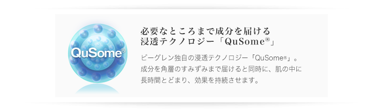 必要なところまで成分を届ける浸透テクノロジー「QuSome」 ビーグレン独自の浸透テクノロジー「QuSome」。成分を角層のすみずみまで届けると同時に、肌の中に長時間とどまり、効果を持続させます。