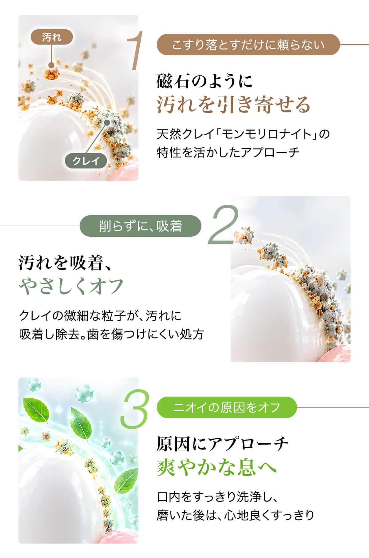 磁石のように汚れを引き寄せる 汚れを吸着、やさしくオフ 原因にアプローチ
爽やかな息へ