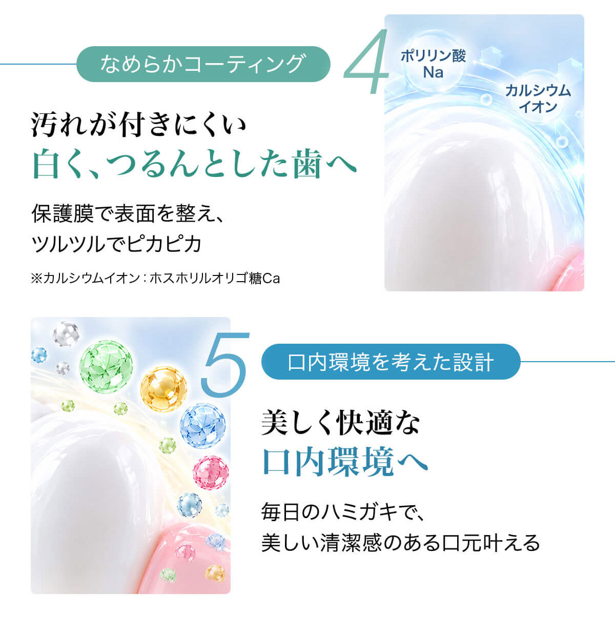 汚れが付きにくい白く、つるんとした歯へ 美しく快適な
口内環境へ