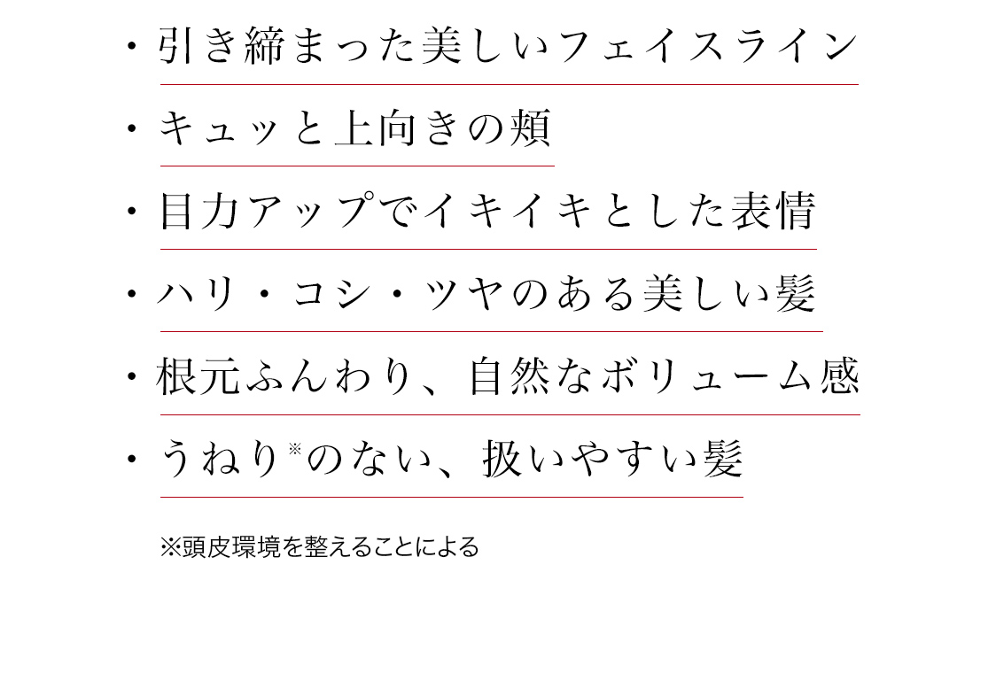 ・引き締まった美しいフェイスライン・キュッと上向きの頬・目力アップでイキイキとした表情・ハリ・コシ・ツヤのある美しい髪・根元ふんわり、自然なボリューム感