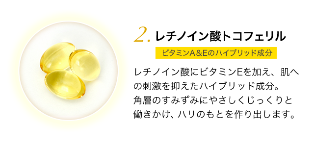 レチノイン酸トコフェリル ビタミンA&Eのハイブリッド成分 レチノイン酸にビタミンEを加え、肌へ刺激を抑えたハイブリッド成分。肌の奥にやさしくじっくりと働きかけ、ハリのもとを作り出します。