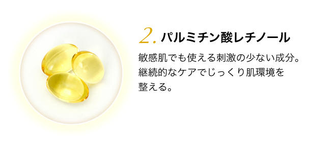 レチノールプラス カプセル化されたピュアレチノール(ビタミンA)が、角層内深部までスピーディーに浸透。キメ密度を高め、ふっくらとなめらかな印象を導きます