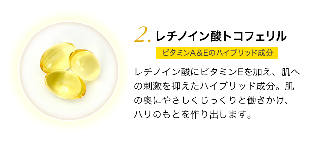 レチノイン酸トコフェリル ビタミンA&Eのハイブリッド成分 レチノイン酸にビタミンEを加え、肌へ刺激を抑えたハイブリッド成分。肌の奥にやさしくじっくりと働きかけ、ハリのもとを作り出します。