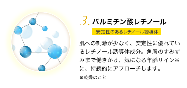 レチノイン酸トコフェリル ビタミンA&Eのハイブリッド成分 レチノイン酸にビタミンEを加え、肌へ刺激を抑えたハイブリッド成分。肌の奥にやさしくじっくりと働きかけ、ハリのもとを作り出します。