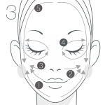 スパチュラの先端(斜めの面を肌に当てる)を使い、顔の中央から耳の前(耳下腺リンパ節)まで、なでるようにマスクを顔全体にむらなくのばします。