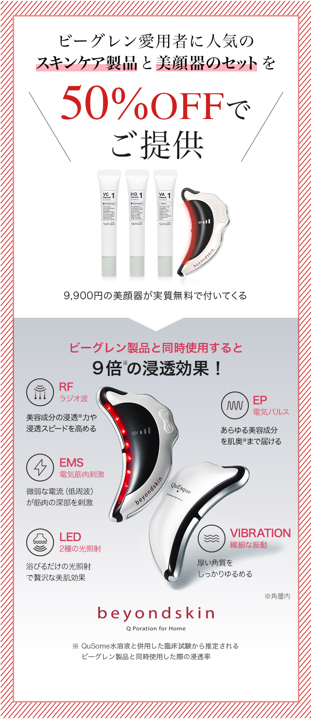 ビーグレン愛用者に人気のスキンケア製品と美顔器のセットを50%OFFでご提供