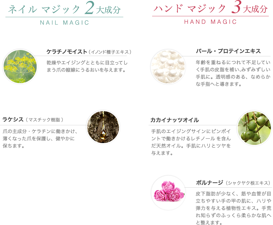 ハンドマジック3大成分/ネイルマジック2大成分