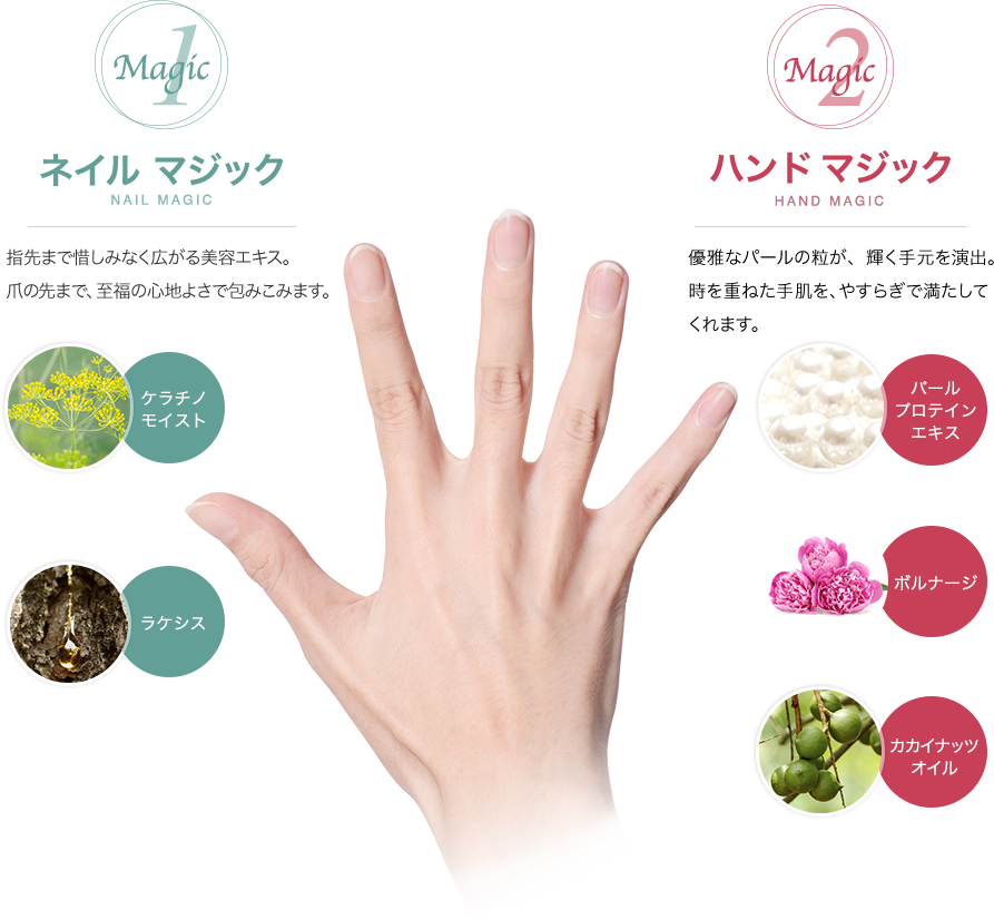 ビーグレン ハンドケア 手肌の水分量を増加させ、浮き出る手の血管など、 目立ちやすいエイジングサインに働きかけます。/ビーグレン ネイルケア 爪が薄く割れやすい、また、 爪に縦線が入るなど、あらゆる爪の悩みに総合的にアプローチ。