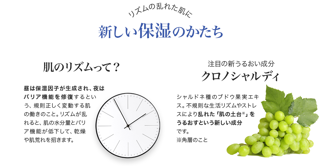 肌のリズムって?昼は保湿因子が生成され、夜はバリア機能を修復するという、規則正しく変動する肌の働きのこと。リズムが乱れると、肌の水分量とバリア機能が低下して、乾燥や肌荒れを招きます。