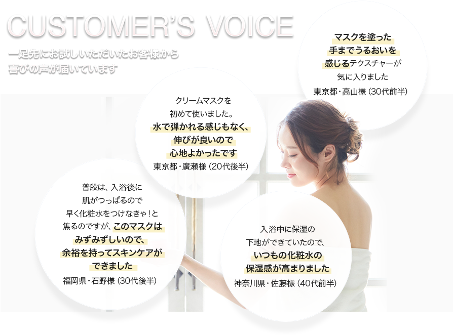 普段は、入浴後に肌がつっぱるので早く化粧水をつけなきゃ!と焦るのですが、このマスクはみずみずしいので、余裕を持ってスキンケアができました福岡県・石野様(30代後半) マスクを塗った手までうるおいを感じるテクスチャーが気に入りました東京都・高山様(30代前半)