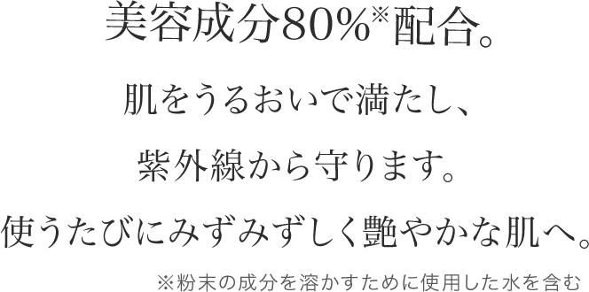 美容成分80%※配合。肌をうるおいで満たし、紫外線から守ります。使うたびにみずみずしく艶やかな肌へ。