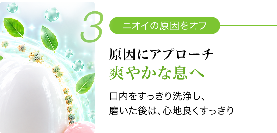 3 ニオイの原因をオフ 原因にアプローチ 爽やかな息へ 口内をすっきり洗浄し、磨いた後は、心地良くすっきり