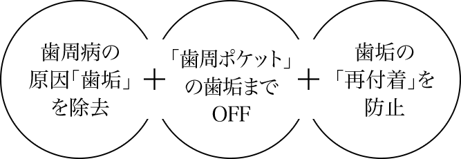 歯周ポケットの中まで、歯周病の原因になる歯垢（プラーク）除去し、歯垢の再付着も防止
