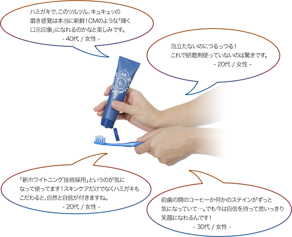 歯磨きさした後、歯がツルツルして、キュキュッとした感じ。白く輝く歯になるのが愉しみです。- 40代 / 女性 -