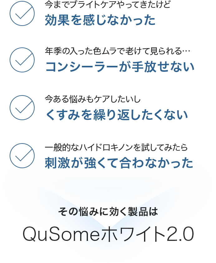 今までブライトケアやってきたけど効果を感じなかった/年季の入った色ムラで老けて見られる…コンシーラーが手放せない/今ある悩みもケアしたいしくすみを繰り返したくない/一般的なハイドロキノンを試してみたら刺激が強くて合わなかった
