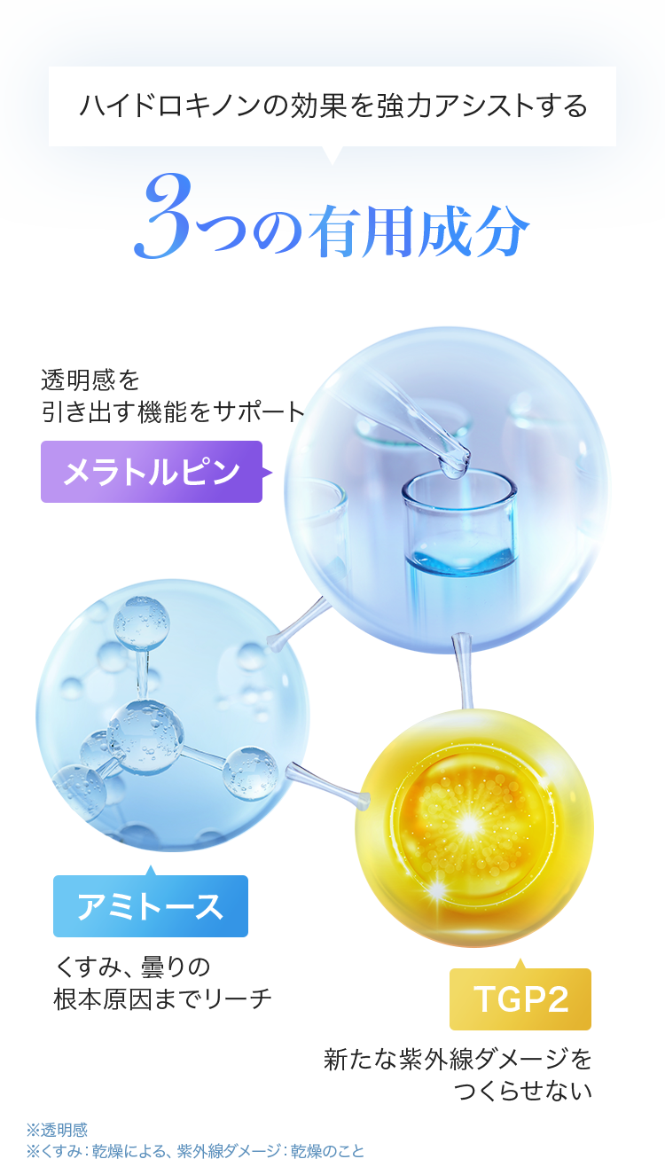 ハイドロキノンの効果を強力アシストする3つの有用成分