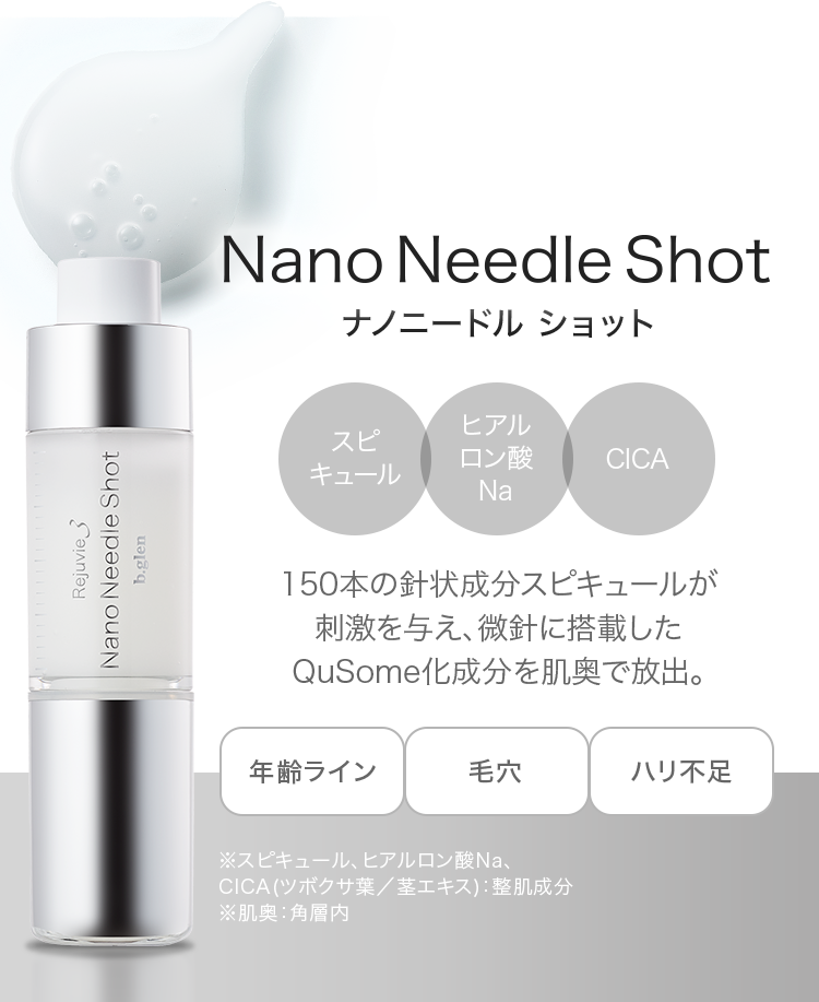 ナノニードル ショット 150本の針状成分スピキュールが刺激を与え、微針に搭載したQuSome化成分を肌奥で放出。